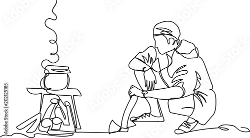 tourist by the fire. single line drawing