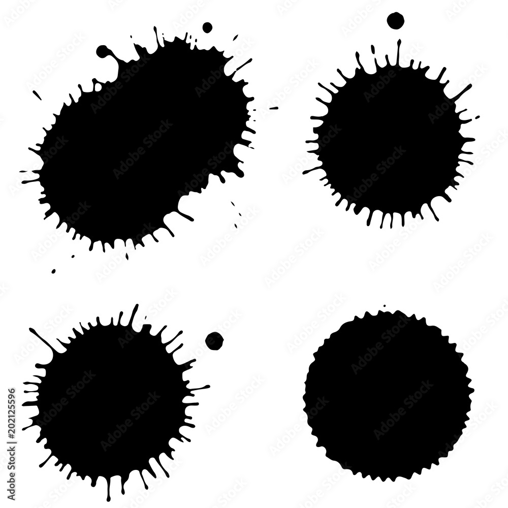Fototapeta premium Black ink paint spots. Drops texture isolated on white background. Set for grunge splash textures. Vector illustration.