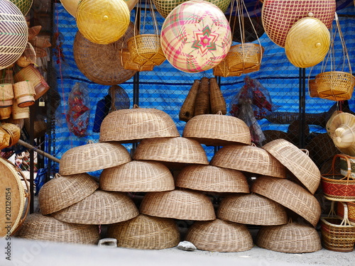 Bamboo wickerwork baskets on the thailand market place. Handmade from natural material. Bamboo handicraft products to maintain a traditional handicraft in a countryside.