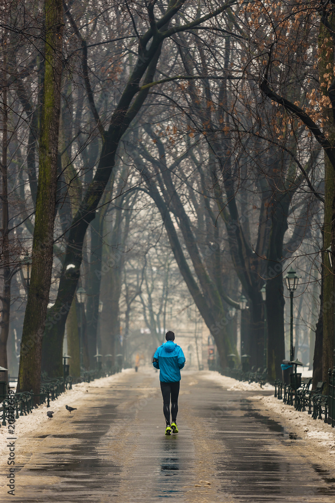 Fototapeta premium Man running along path surrounded by trees, in winter, using blue sports jacket, Krakow, Poland