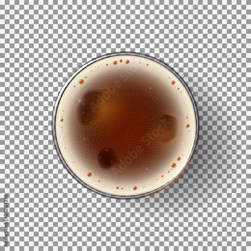 Dark Beer Glass Isolated on Transparent Backdrop. Top view on Realistic Alcohol Drink. Vector Illustration.