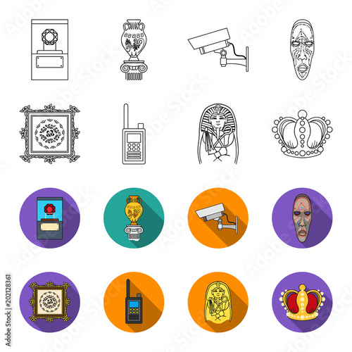 Picture, sarcophagus of the pharaoh, walkie-talkie, crown. Museum set collection icons in outline,flat style vector symbol stock illustration web.