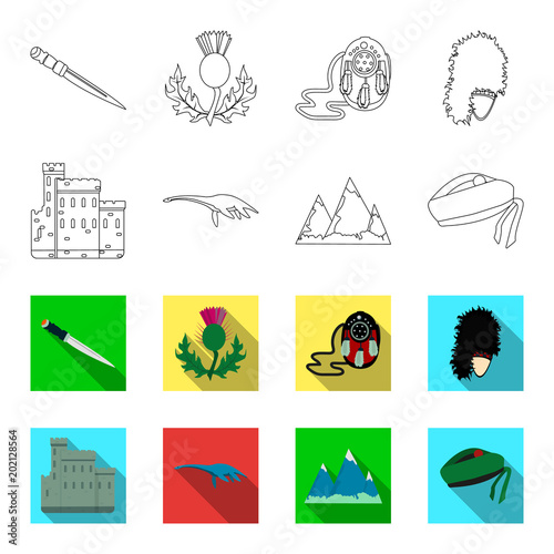 Edinburgh Castle, Loch Ness Monster, Grampian Mountains, national cap balmoral,tam shanter. Scotland set collection icons in outline,flet style vector symbol stock illustration web. photo