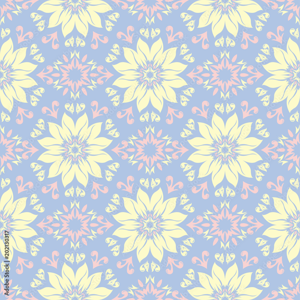 Floral seamless pattern. Pale blue background with beige and pink flower elements