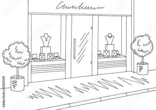 Jewelry shop store exterior graphic black white sketch illustration vector