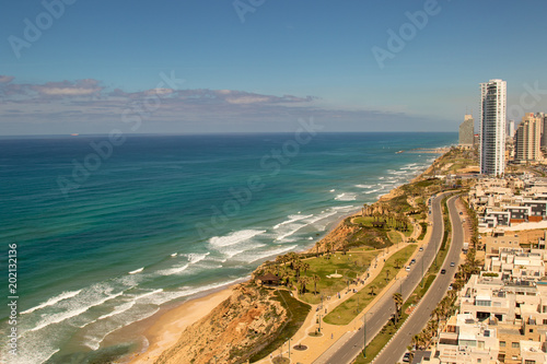 Panoramic view of sea shore in sunny day. Netanya city, Israel photo
