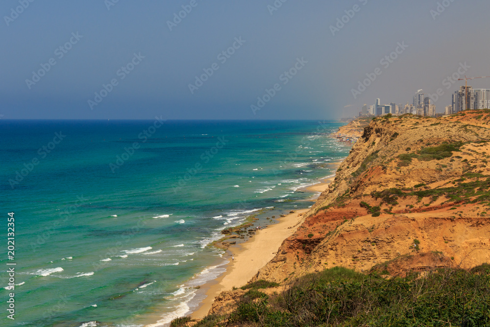 Panoramic view of sea shore in sunny day. Netanya city, Israel