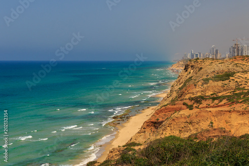 Panoramic view of sea shore in sunny day. Netanya city, Israel