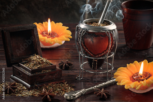 Still life with traditional yerba mate tea popular in latin america. photo