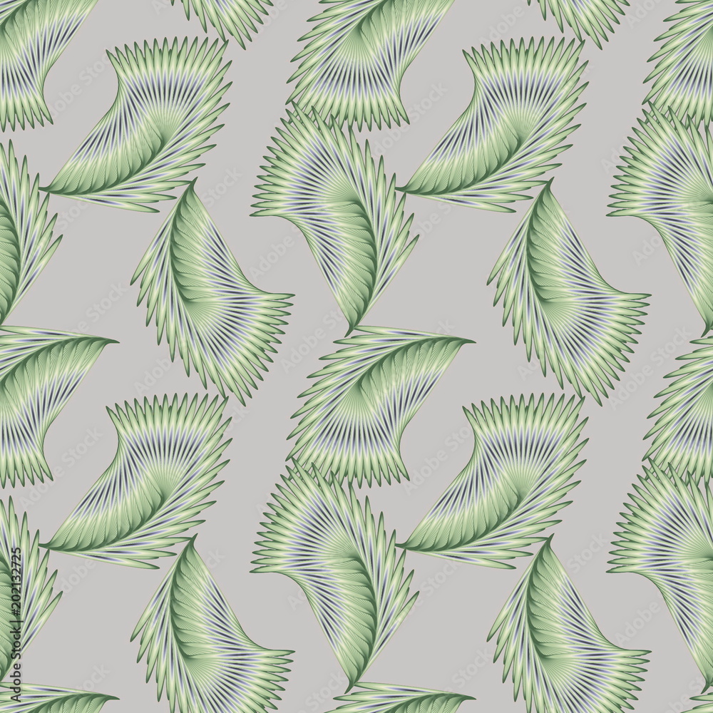 Абстрактный бесшовный зеленый декоративный узор листья текстура ткань на сером фоне 