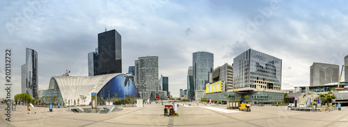 Photography Panorama of La Defence , business and financial district with highrise skyscrapers buildings and convention center, no people and advertisments