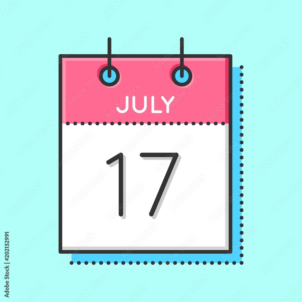 Vector Calendar Icon. Flat and thin line vector illustration. Calendar sheet on light blue background. July 17th Vector Calendar Icon. Flat and thin line vector illustration. Calendar sheet on light blue background. July 17th