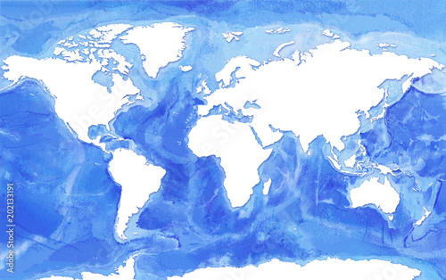 Watercolor realistic Map of the seas and oceans with blue water and white land continents.