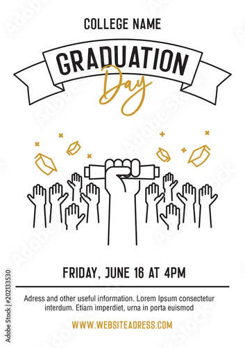 Graduation day ceremony party invitation card with hands raised throwing academic hats up and showing diplomas. Vector template design with icons for highschool, college or university student event