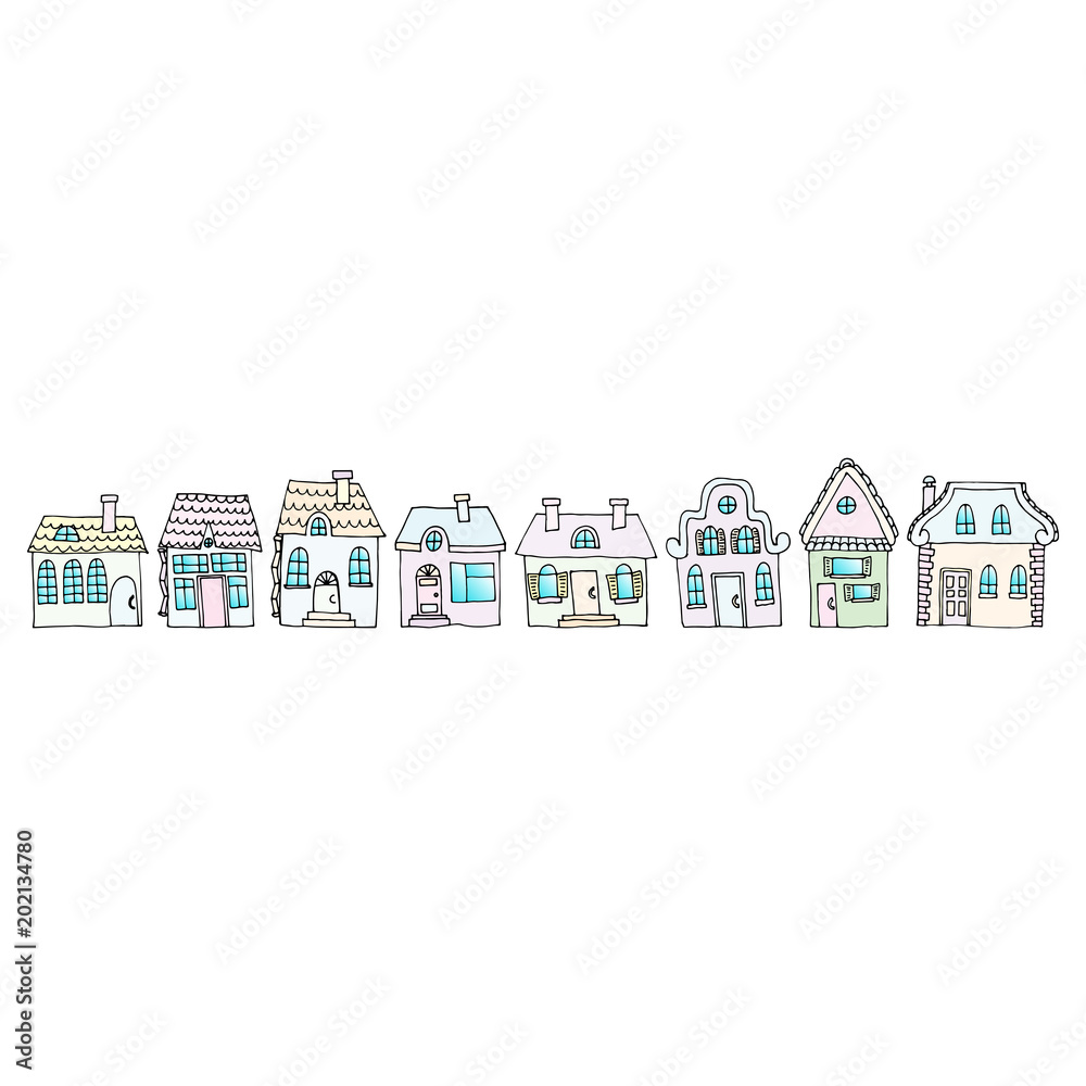 Houses on a street located in one row. Illustration of a city la