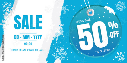 winter sale banner template design. snow flake. Ice Crystals. season. Blue floor. discount 50%