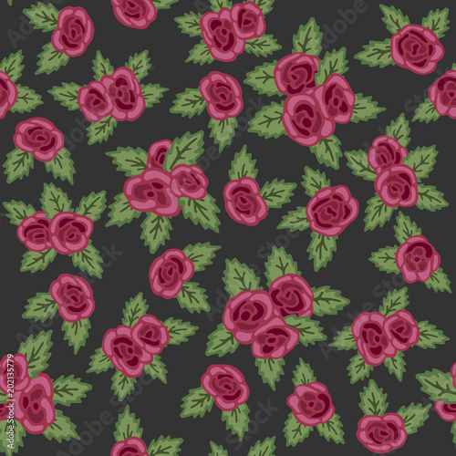 Colorful seamless pattern. Hand drawn red roses on dark background. Retro design