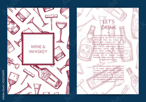 Vector hand drawn alcohol drink bottles and glasses card