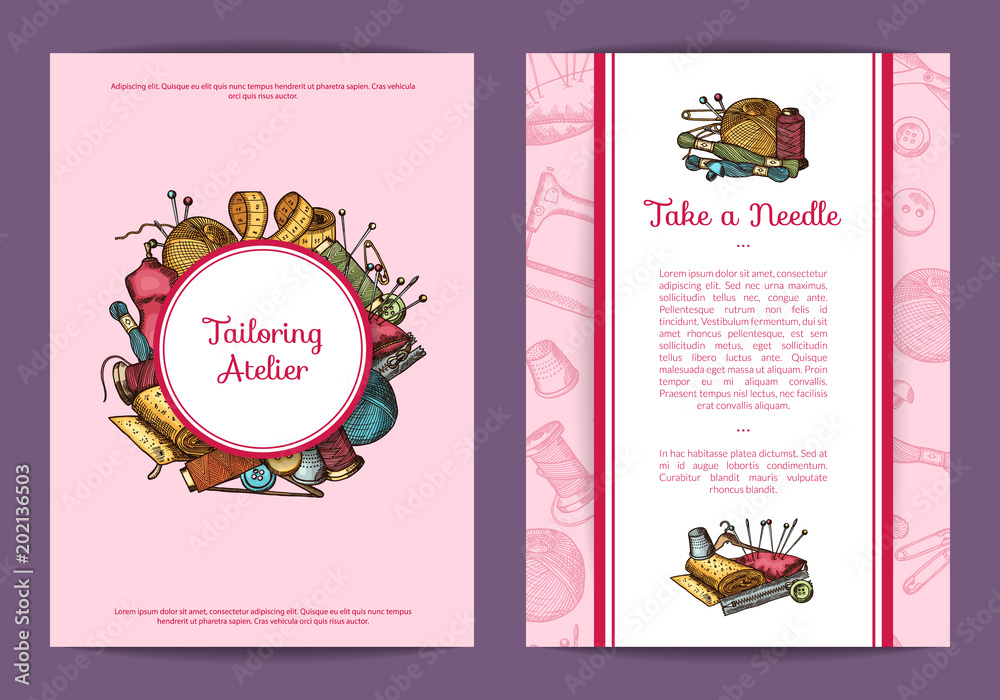 Vector hand drawn sewing card, flyer or brochure template
