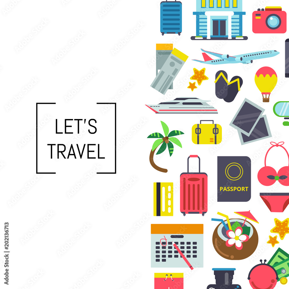 Fototapeta premium Vector flat travel elements background illustration with place for text