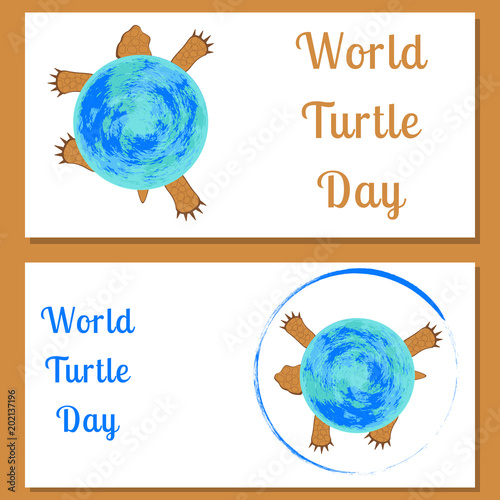 World Turtle Day. Land tortoise. The tortoise shell is the planet Earth. Flyers for event participants. Flyers for event participants. photo