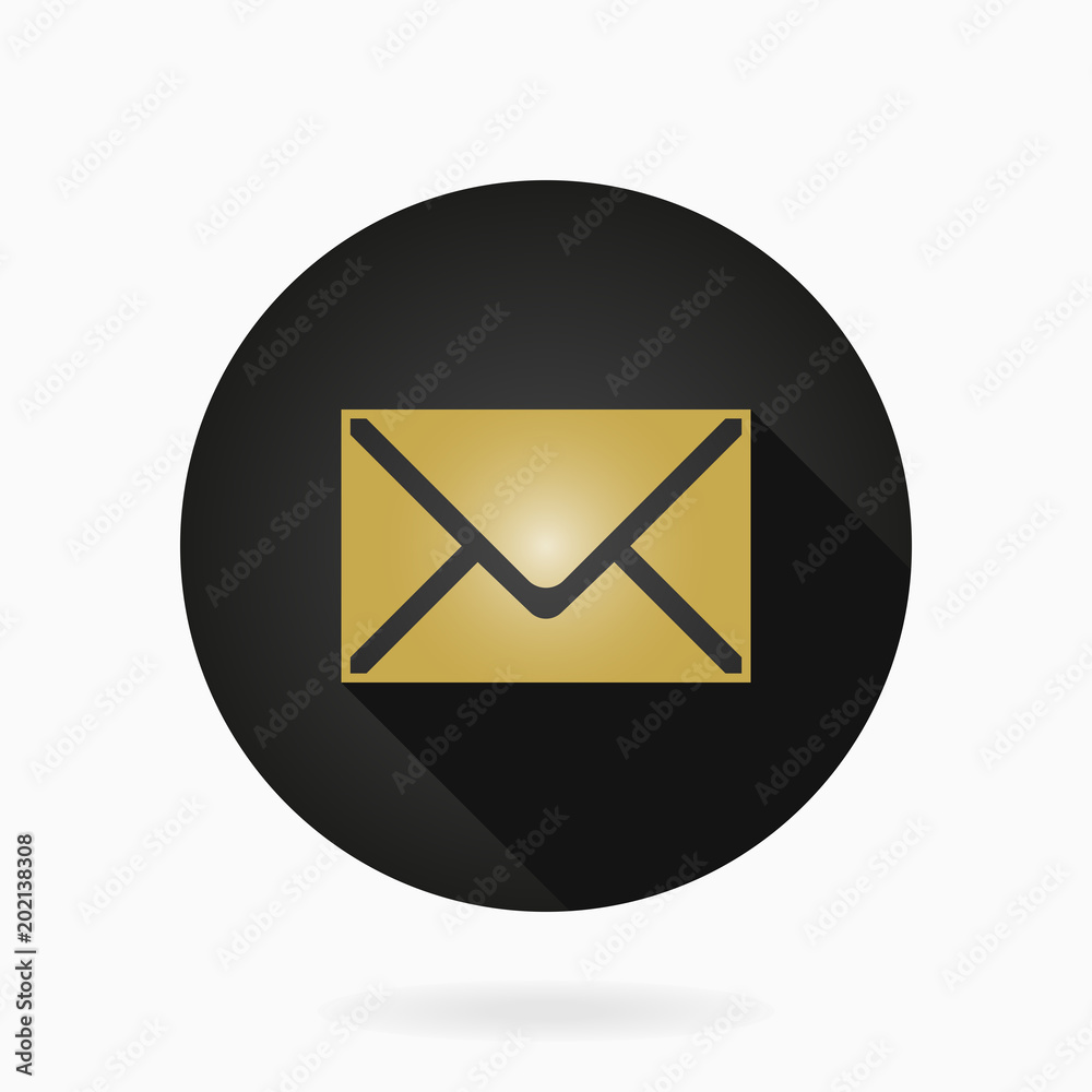 Golden vector mail icon in the black circle. Flat design and long shadow Golden vector mail icon in the black circle. Flat design and long shadow
