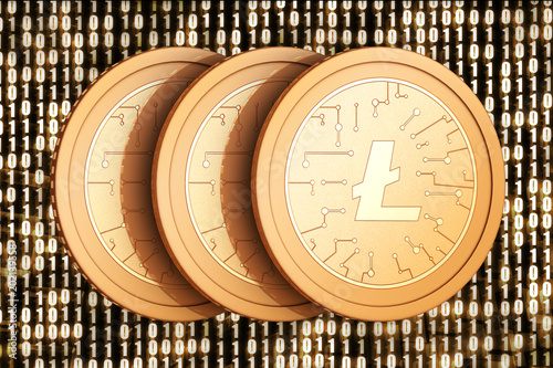 Litecoin with abstract yellow background 0 and 1 digital photo