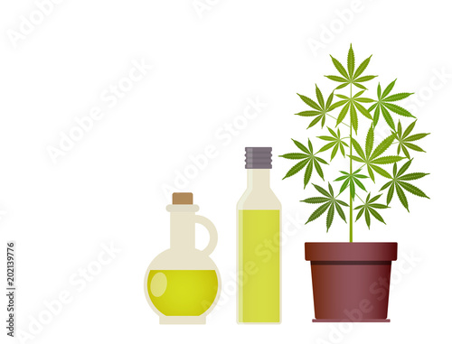 Marijuana plant and cannabis oil. Medical marijuana. Hemp oil in a glass jar. CBD oil hemp products. Oil glass bottle mock up. Vector illustration with copy space.