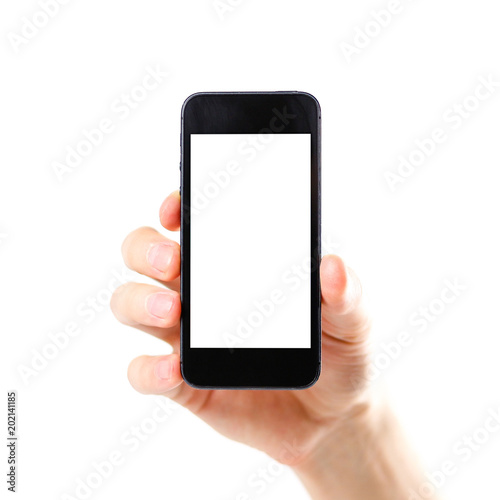 Hand holding black phone with blank white screen. Close up. Isolated on white background