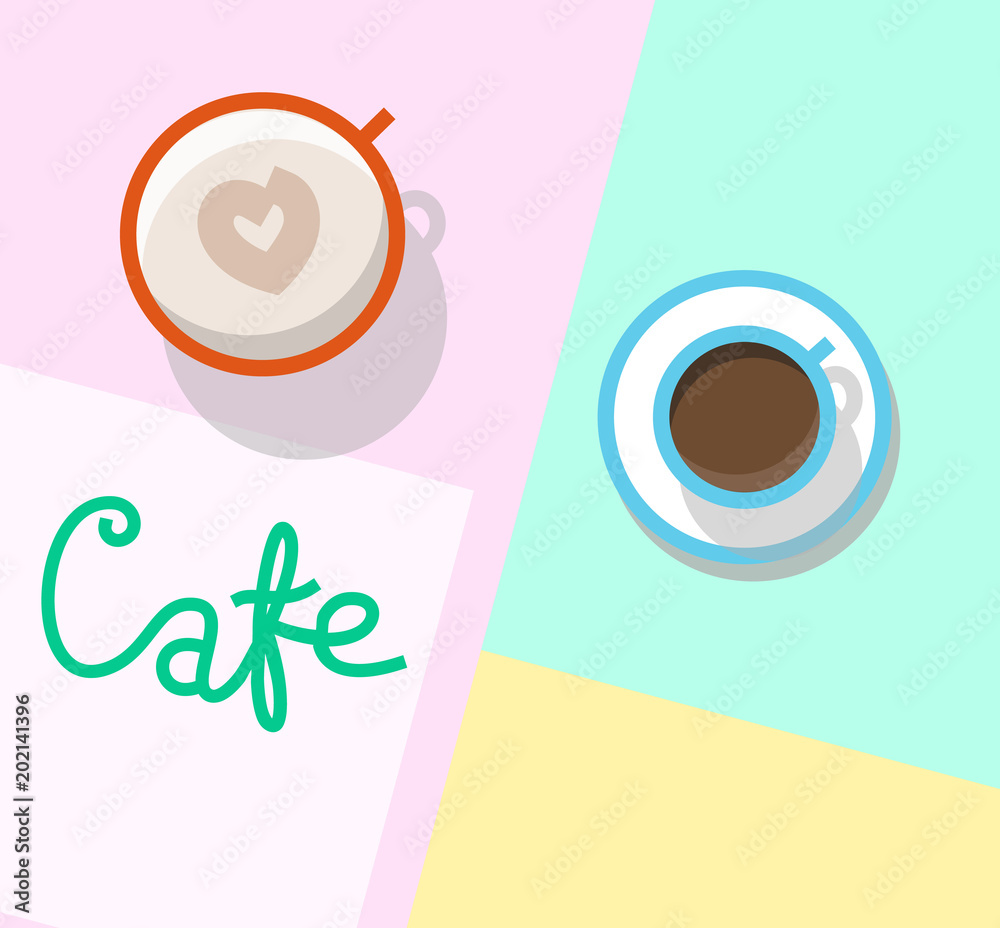 Cafeteria table top view. Typography with espresso and cappuccino in cups. Isolated line art illustration.