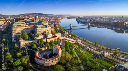 Photography Budapest, Hungary - Aerial panoramic skyline view of Buda Castle Royal Palace with Szechenyi Chain Bridge, St
