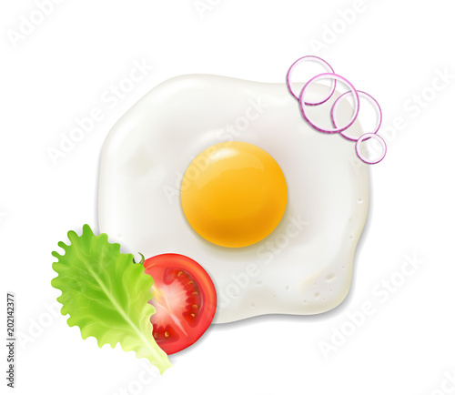 Breakfast fried egg, tomato and green salad. Realistic vector icon