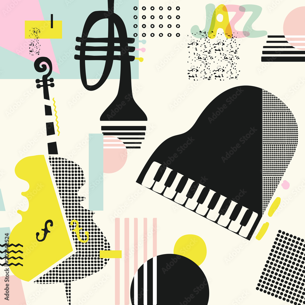 Naklejka premium Music colorful background with violoncello, trumpet and piano isolated vector illustration. Geometric music festival poster, creative music instruments design