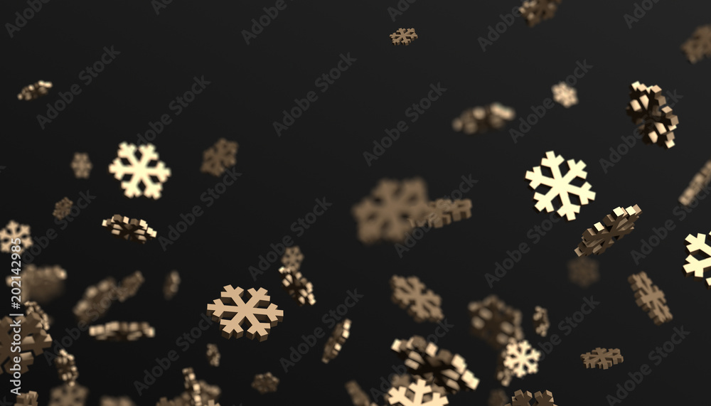 Abstract 3d rendering of flying snowflakes shapes. Winter background with bokeh effect. Design for poster, cover, branding, banner, placard. Abstract 3d rendering of flying snowflakes shapes. Winter background with bokeh effect. Design for poster, cover, branding, banner, placard.