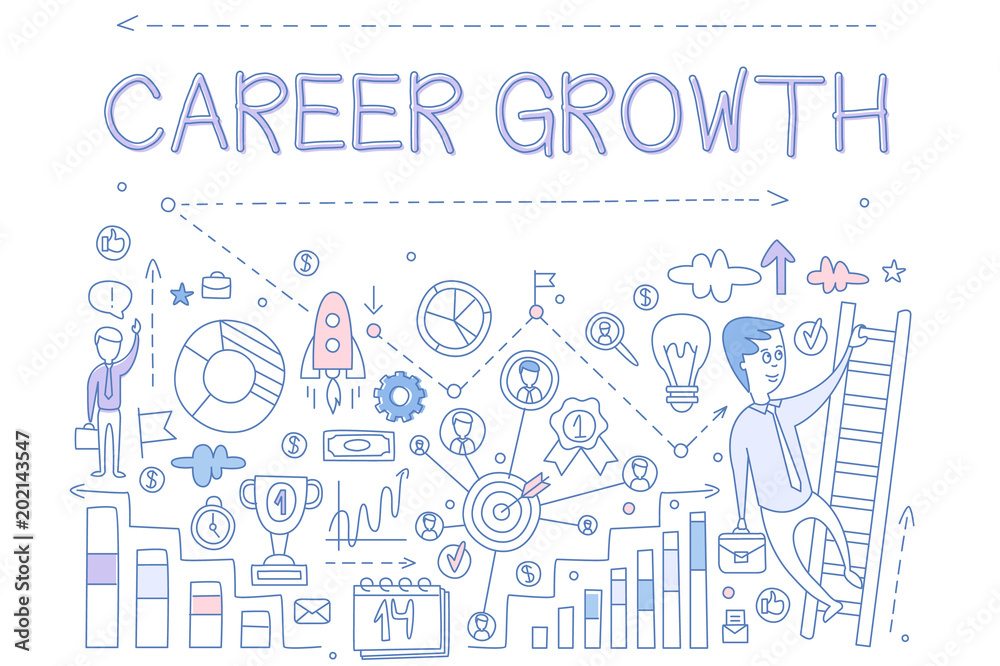 Obraz premium Illustration about career growth with man on ladder.