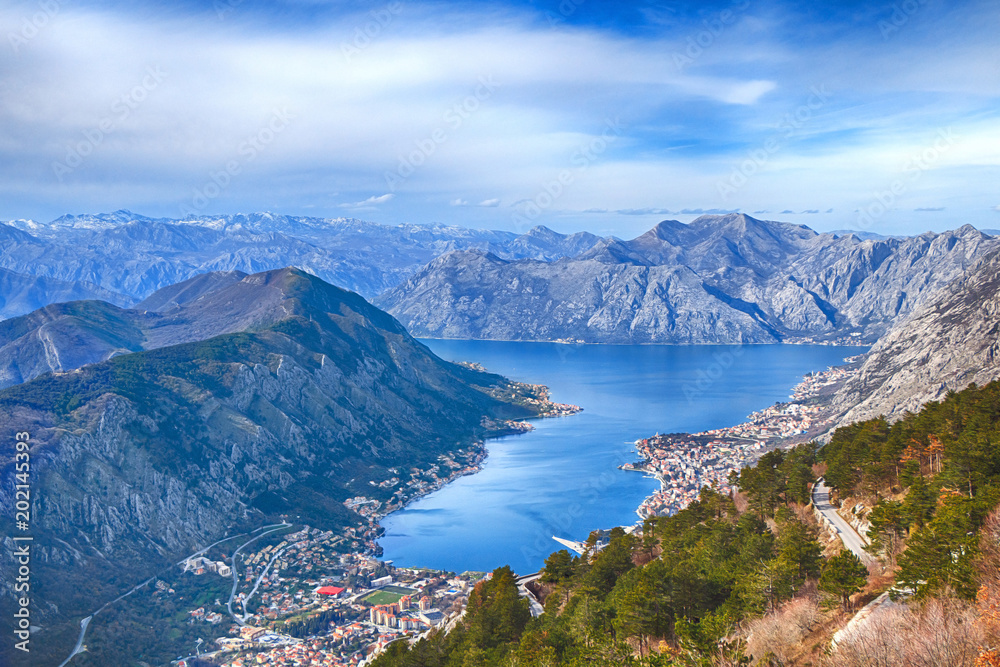 Panorama of the mountains and the city of Kotor. Montenegro. View from a height.