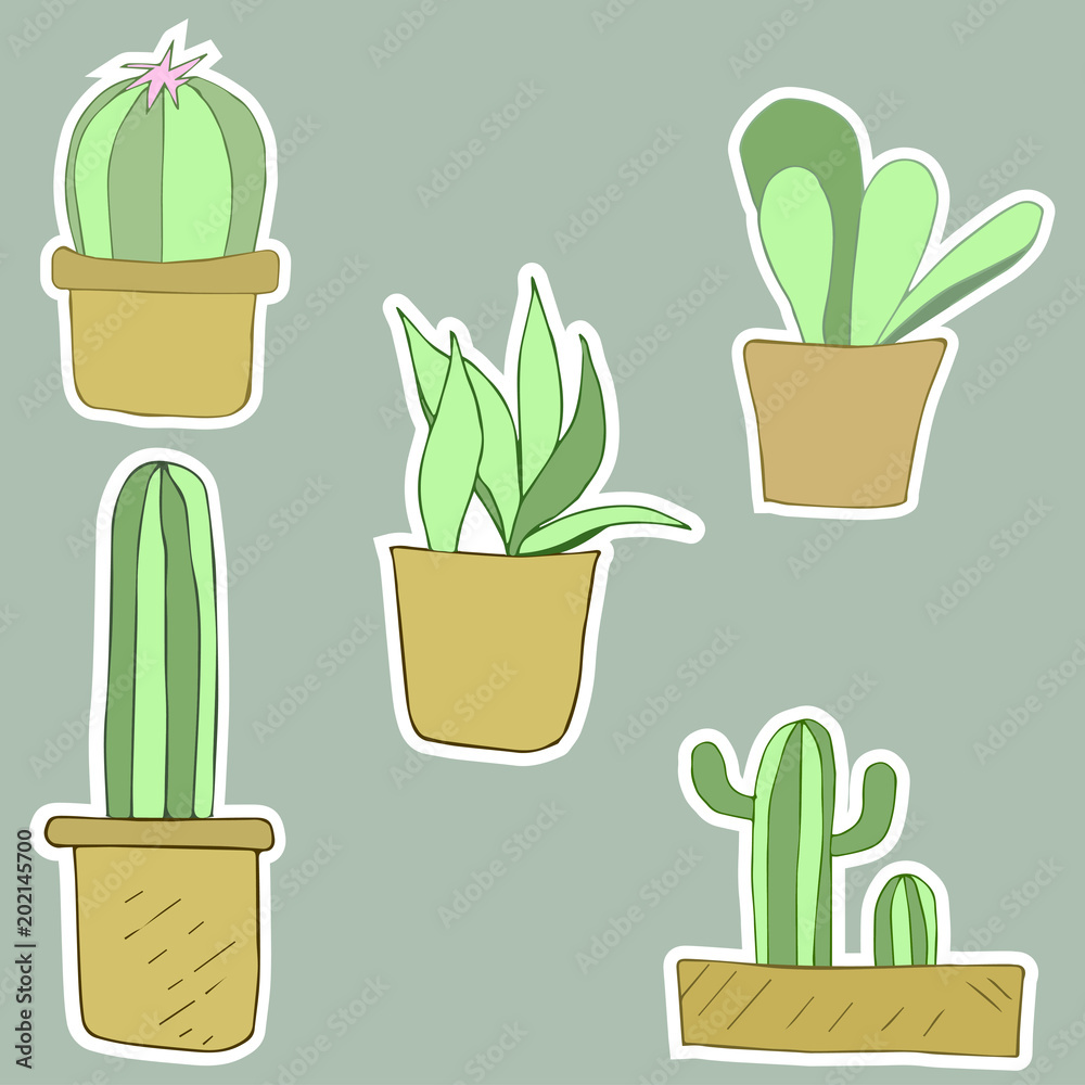 Cactus sticker in flowerpots, set, vector illustration Cactus sticker in flowerpots, set, vector illustration