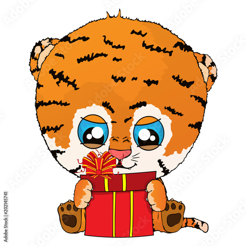 Isolated vector illustration a funny cartoon tiger cub with gift.