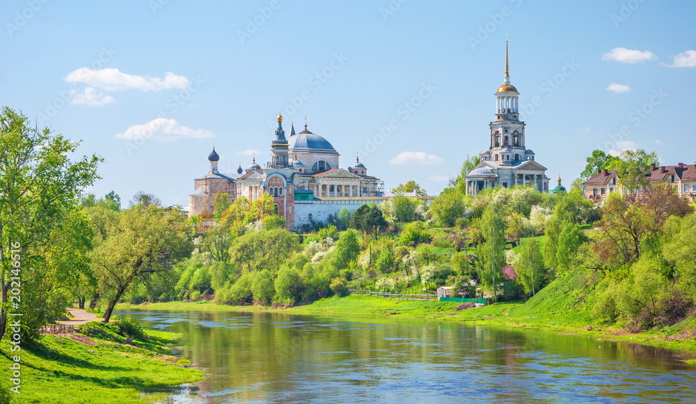 Ancient monastery of saints Boris and Gleb on the bank of the river Tvertsy in the ancient provincial Russian town of Torzhok