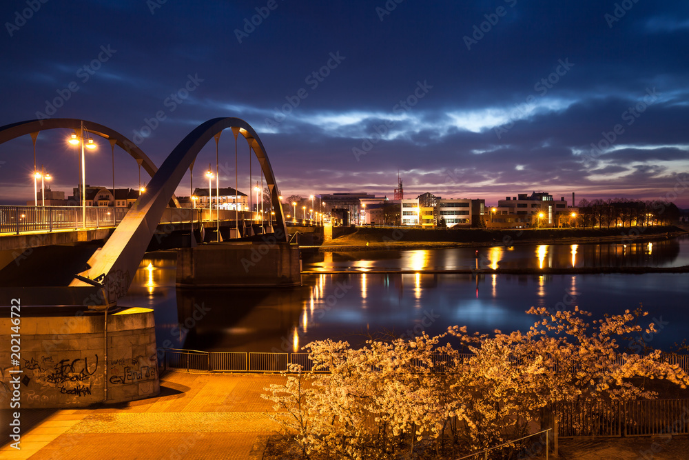 Border on bridge between Germany and Poland, view from Frankfurt Oder to Slubice city on evening
