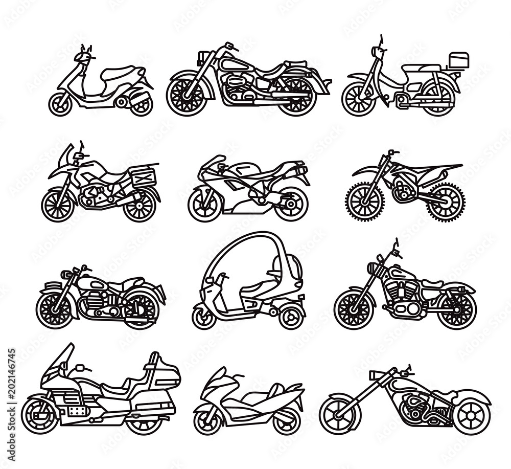 Naklejka premium Zbiór różnych motocykli w płaskiej konstrukcji. Wektor. Odosobniony