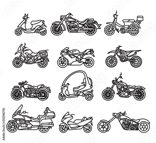 Set of different motorcycles in flat design. Vector. Isolated