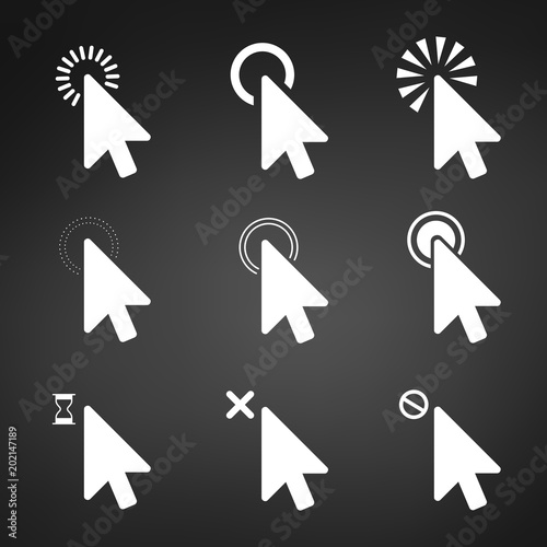 White Computer mouse click cursor arrow icons set. Vector illustration isolated on modern black background.