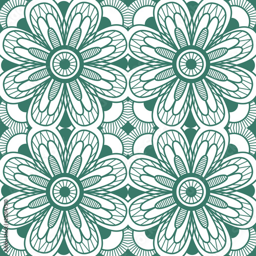 Seamless floral motif pattern coloring mandala, lace, hand drawn. green, marsh and white. Ethnic, fabric, motifs. Vector, abstract mandala flower. Decorative elements for design. EPS 10.