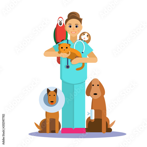Illustration of female veterinarian with cute pet, dog, cat, Guinea pig and parrot.