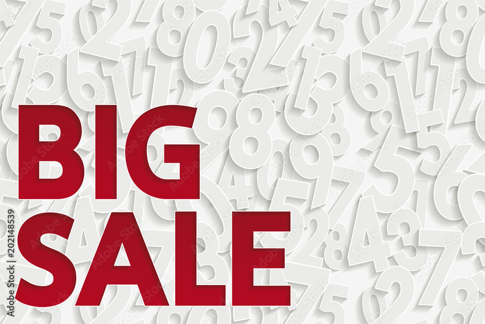 Big sale poster. Poster to announce the sales with the words big sale cut out on paper. The white numbers in the background are a seamless pattern that can be adapted to different formats. Big sale poster. Poster to announce the sales with the words big sale cut out on paper. The white numbers in the background are a seamless pattern that can be adapted to different formats.
