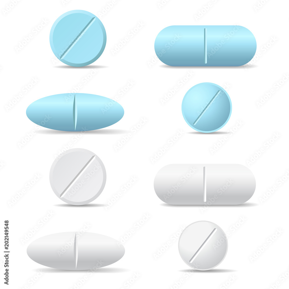 Set of white and blue round and oval medicine pills of various kinds, isolated vector on white background - obrazy, fototapety, plakaty 