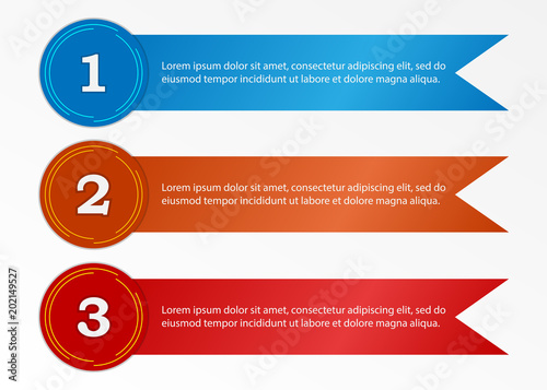Three colored ribbons with numbers. Infographic elements, ribbons with text. Vector stripes with numbering.