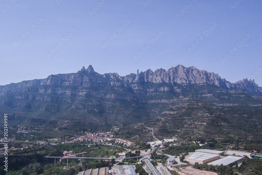 Montserrat mountain and the town of Monistrol. Barcelona.