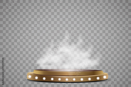 Round podium, pedestal or platform illuminated by spotlights on white background. Stage with scenic lights. Vector illustration.